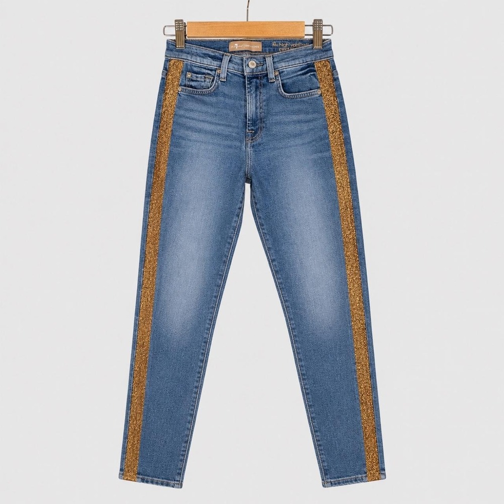 7 For All Mankind High Waist Ankle Skinny Gold Stripe Jeans Blue 26 AU8434120